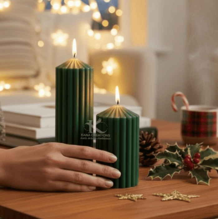 Christmas_Ribbed Stripped Green color Pillar candles
