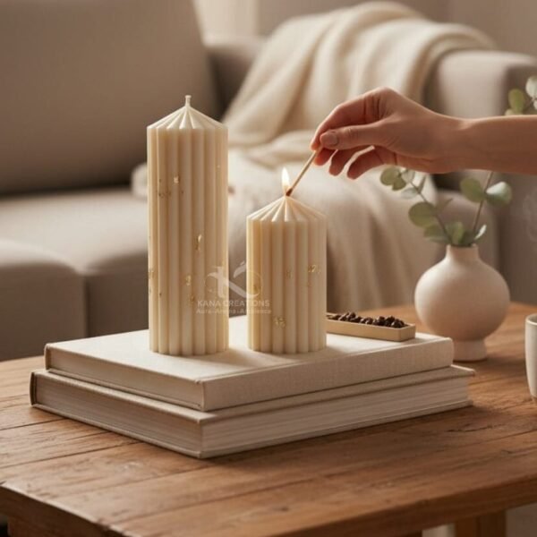 Christmas candle_Golden Ivory Ribbed Stripped pillar Soy scented Candles_Kana Creations, export services