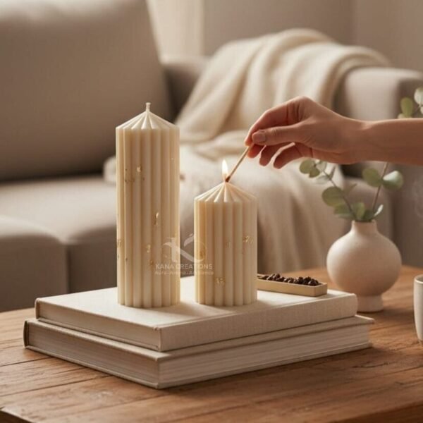 Christmas candle_Golden Ivory Ribbed Stripped pillar Soy scented Candles_Kana Creations, export services