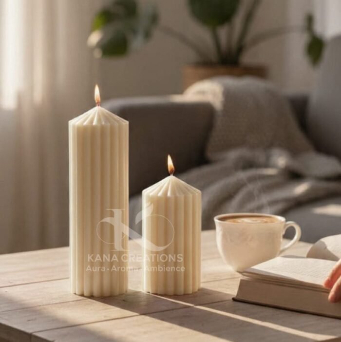 Christmas collection_Ivory Color Stripped pillar Soy scented Candles_Kana Creations.