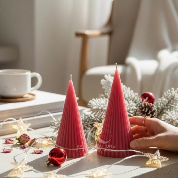 Pink peach Christmas ribbed stripped cone soy candles_kanacreations