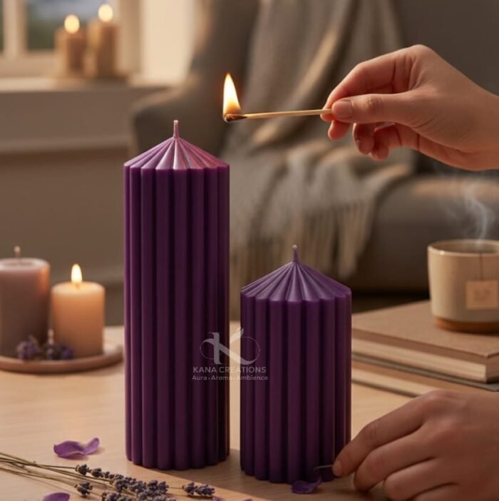 Christmas collection_Purple (Brinjal) Ribbed Stripped pillar Soy scented Candles_Kana Creations.