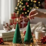 Christmas_Ribbed Stripped Cone green Pillar candles