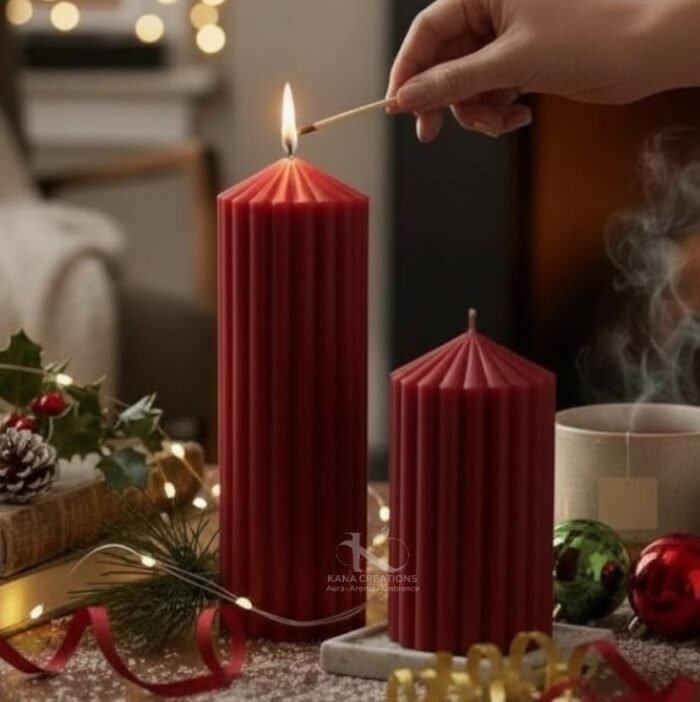 Christmas_Ribbed Stripped Red color Pillar candles