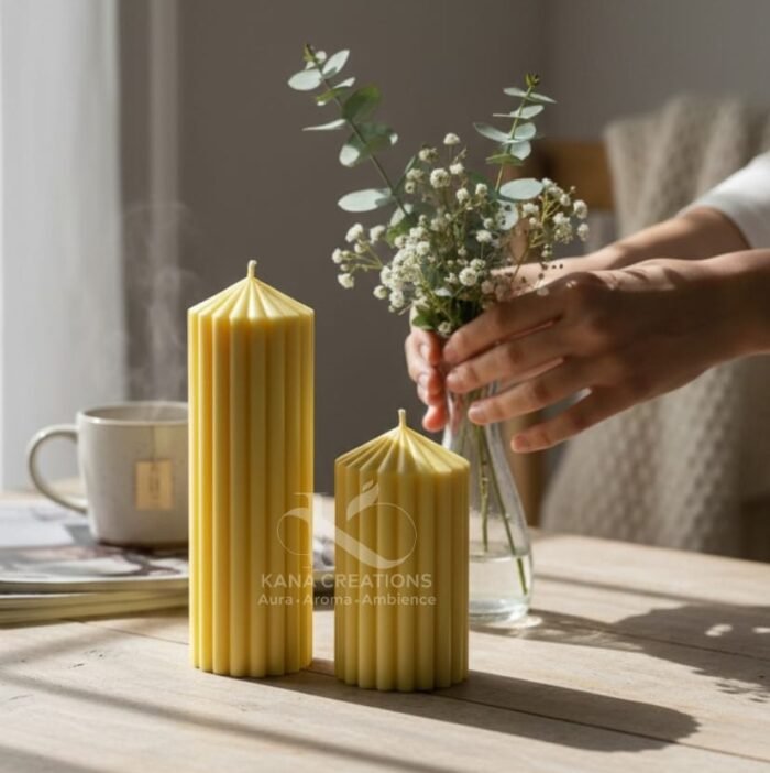 Christmas Gifts_Pastel Yellow Ribbed Stripped pillar Soy scented Candles_Kana Creations.JPG