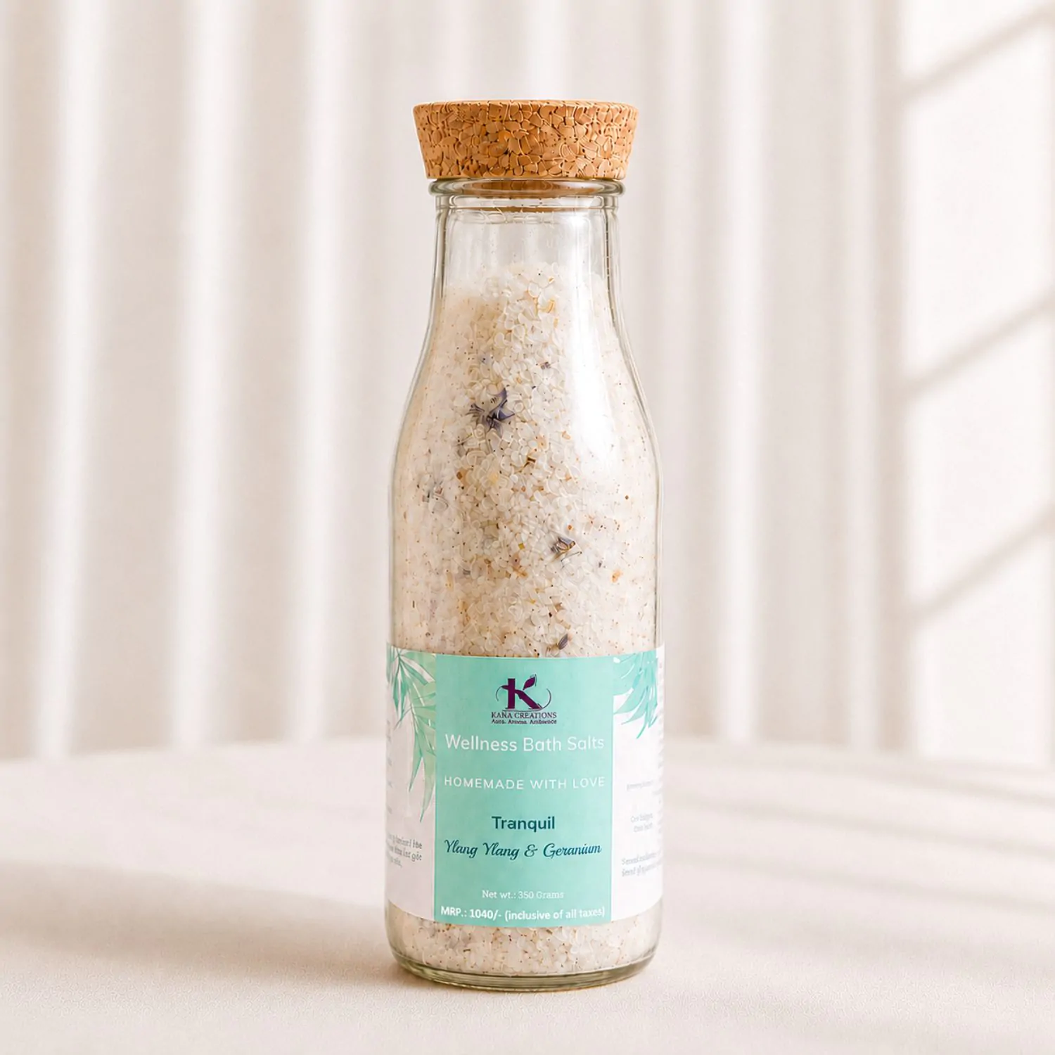 Ylang Ylang & Geranium bath salt kana creations front Ylang Ylang & Geranium Wellness Bath Salts | 350g | Kana Creations - Image 1