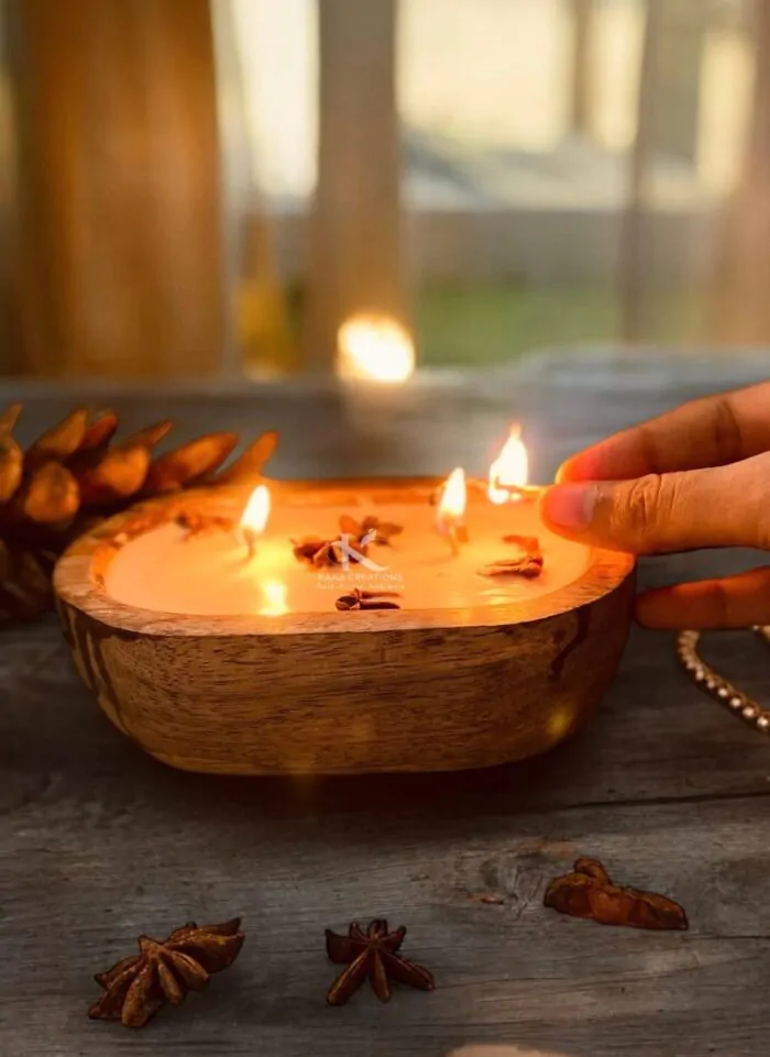 2 wick wooden dough bowl soy candle_kanacreations