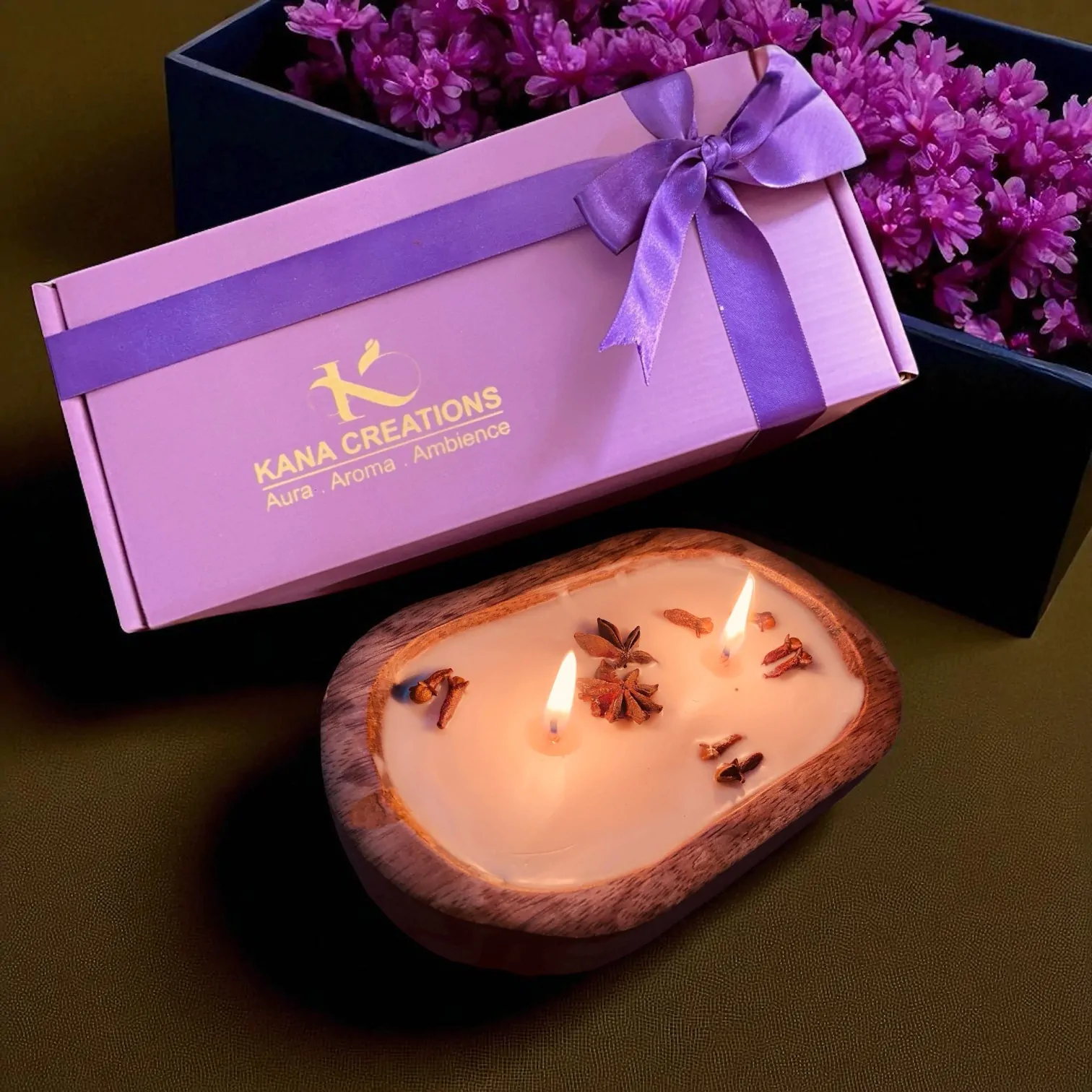 2 wick packaging wooden dough bowl candle