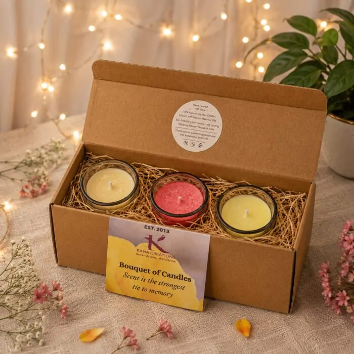 3 candles budget gift box Mogra jasmine Rose Kana Creations.