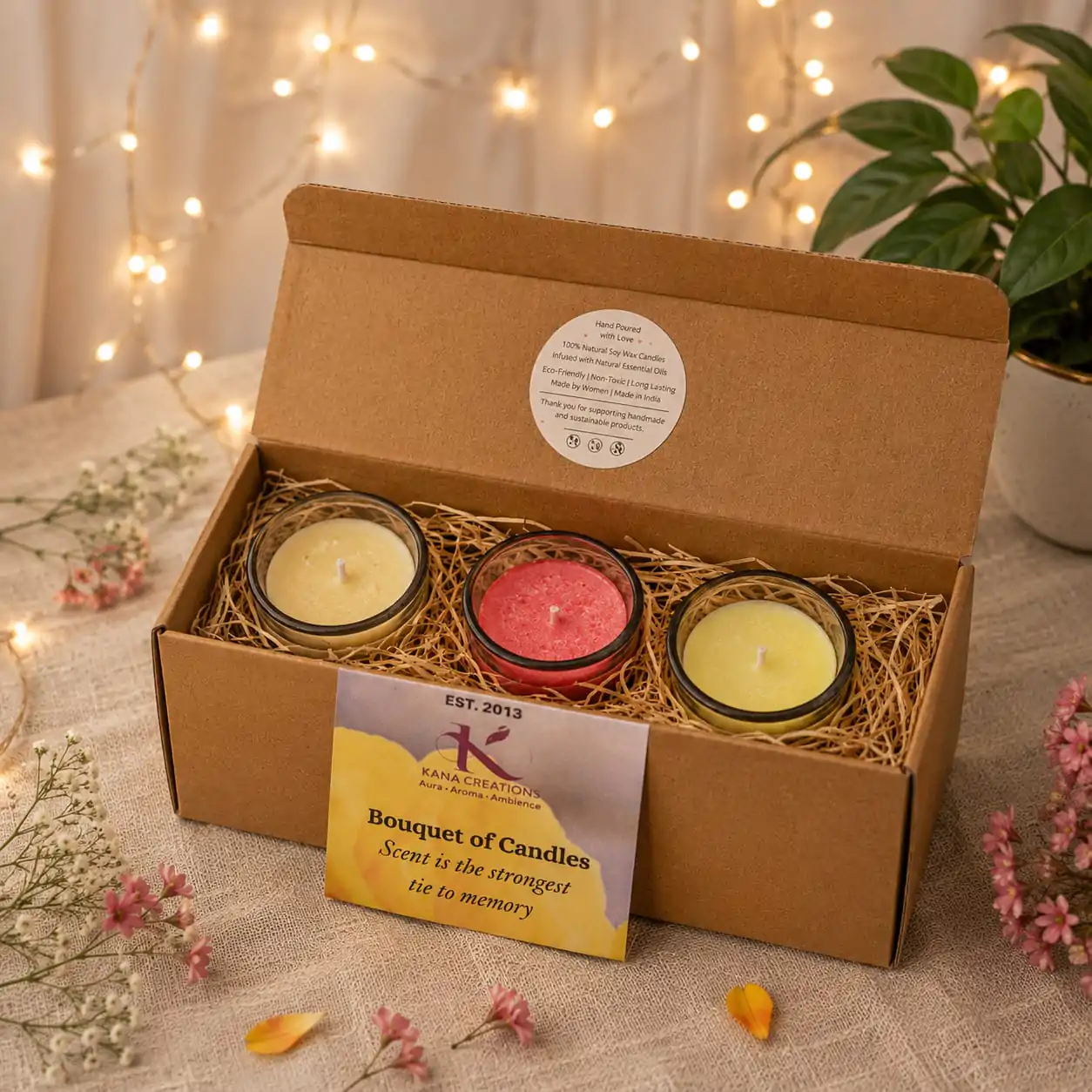 3 candles budget gift box Mogra jasmine Rose Kana Creations.