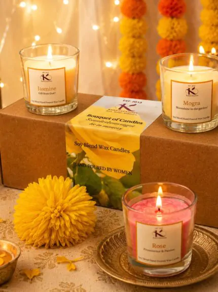 3 candles budget gift box Mogra jasmine Rose Kana Creations