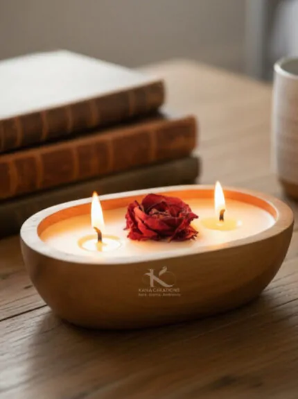 Fresh Rose Petal Soy candle in Wooden dough bowl | Kana Creations
