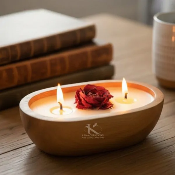 Fresh Rose Petal Soy candle in Wooden dough bowl | Kana Creations
