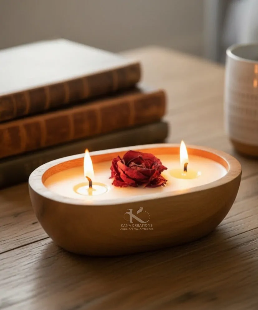 Fresh Rose Petal Soy candle in Wooden dough bowl | Kana Creations