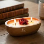 Fresh Rose Petal 2 wick Soy candle in Wooden dough bowl | Kana Creations