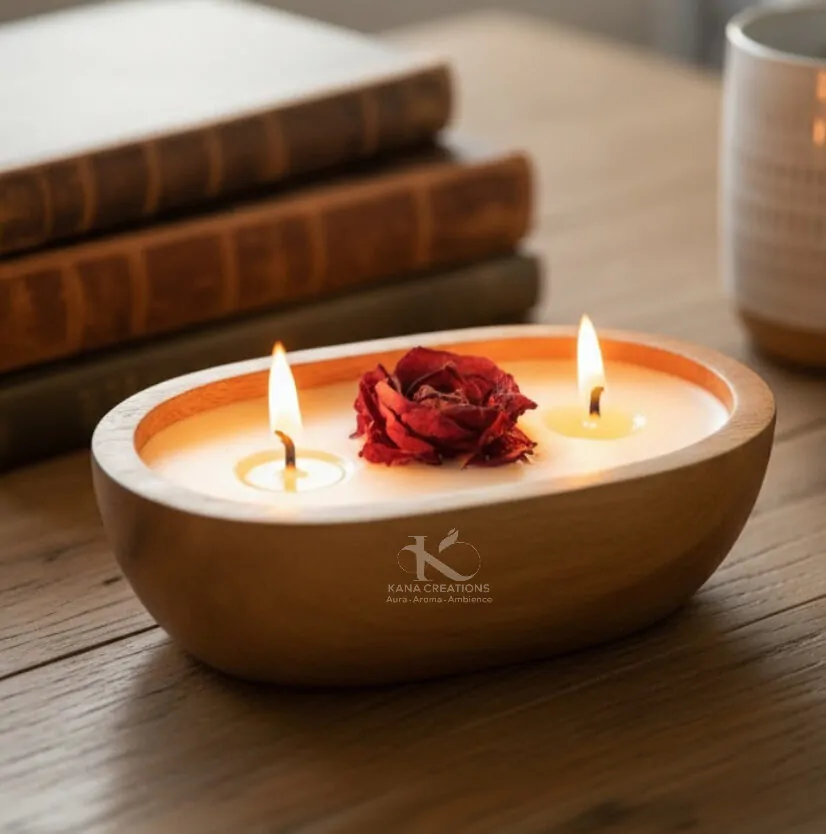 Fresh Rose Petal 2 wick Soy candle in Wooden dough bowl | Kana Creations