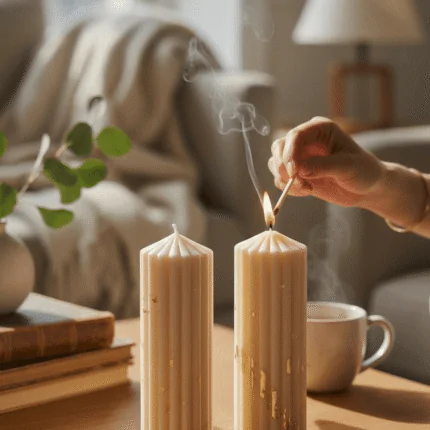 Christmas collection_Golden Ivory Ribbed Stripped pillar Soy scented Candles_Kana Creations
