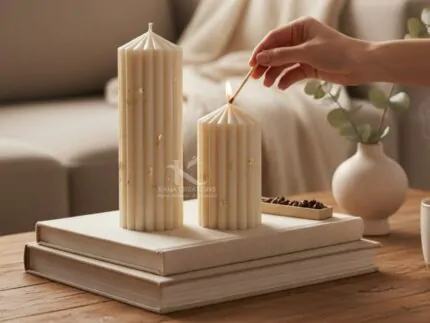 Christmas candle_Golden Ivory Ribbed Stripped pillar Soy scented Candles_Kana Creations.
