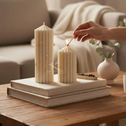 Christmas candle_Golden Ivory Ribbed Stripped pillar Soy scented Candles_Kana Creations.