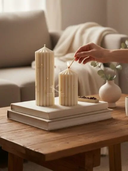 Christmas candle_Golden Ivory Ribbed Stripped pillar Soy scented Candles_Kana Creations, export services