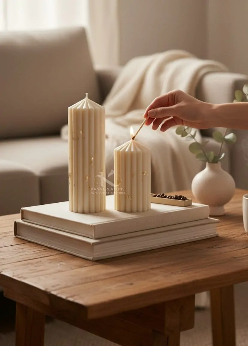 Christmas candle_Golden Ivory Stripped pillar Soy scented Candles_Kana Creations.