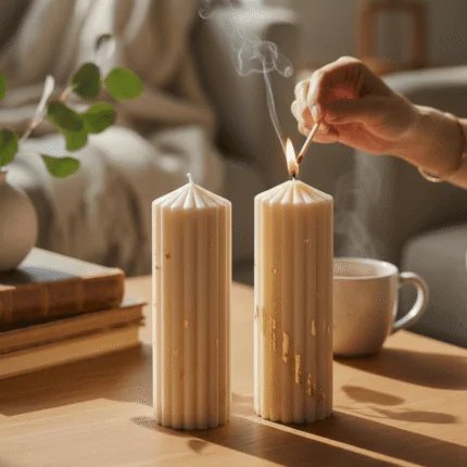 Christmas collection_Golden Ivory Ribbed Stripped pillar Soy scented Candles_Kana Creations