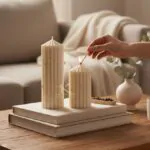 Christmas candle_Golden Ivory Ribbed Stripped pillar Soy scented Candles_Kana Creations, export services