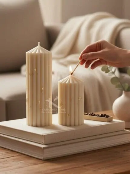 Christmas candle_Golden Ivory Ribbed Stripped pillar Soy scented Candles_Kana Creations, export services