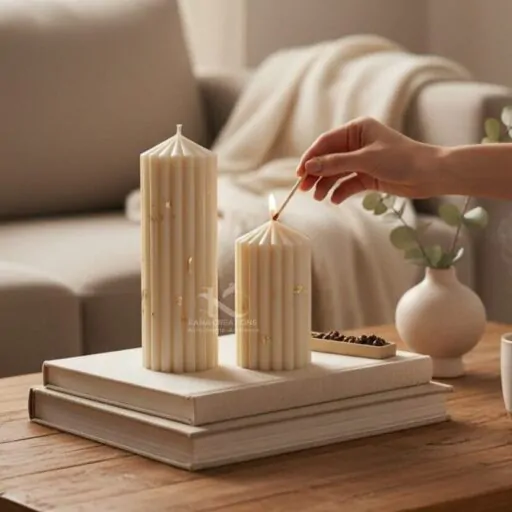 Christmas candle_Golden Ivory Ribbed Stripped pillar Soy scented Candles_Kana Creations, export services