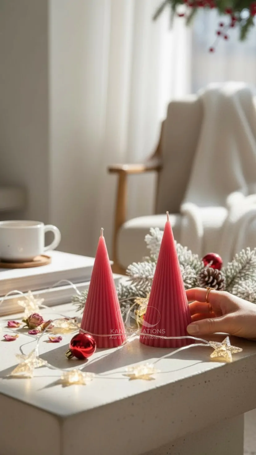Pink peach Christmas stripped cone soy candle_kanacreations