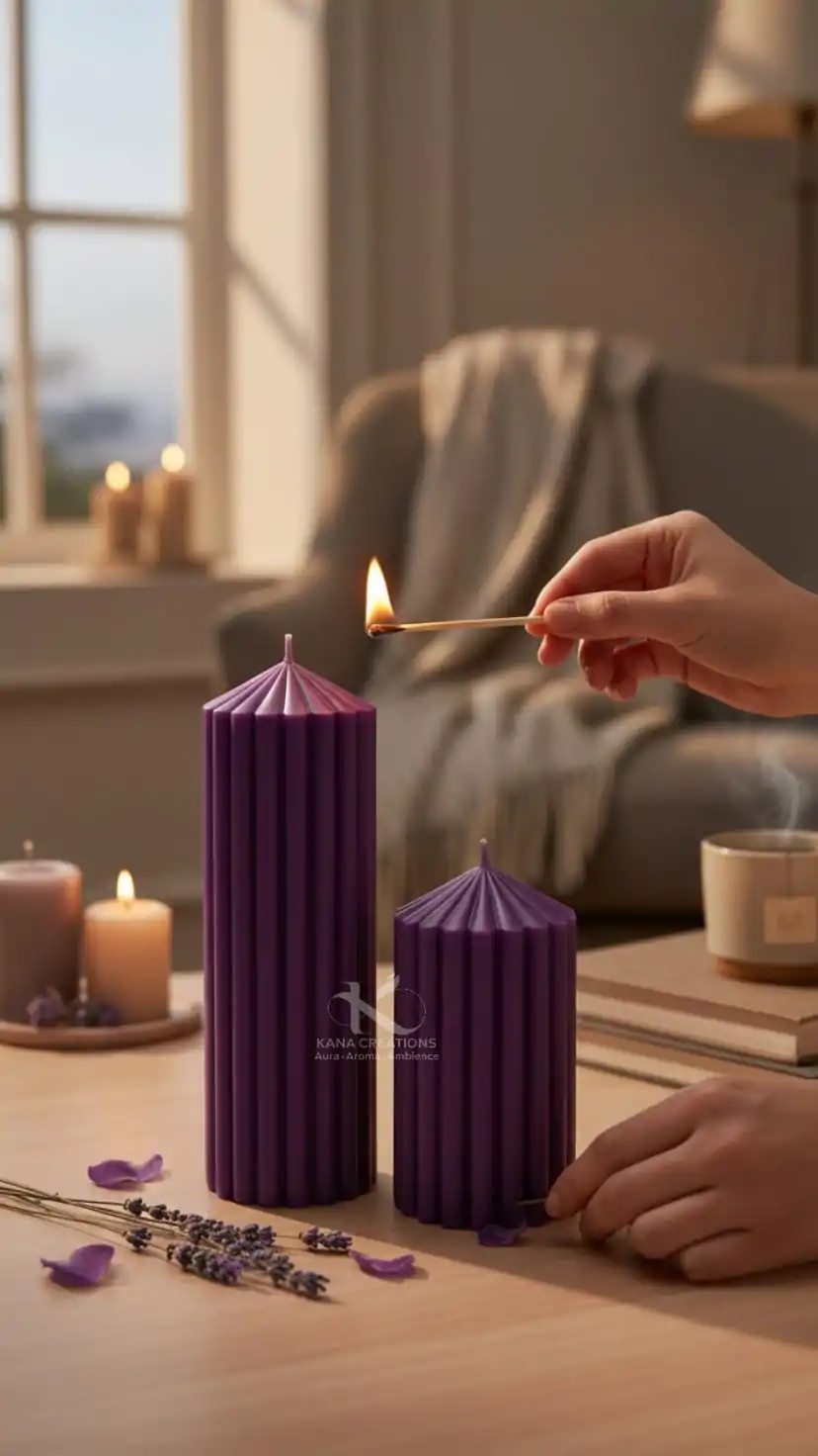 Christmas collection_Purple (Brinjal) Stripped pillar Soy scented Candles_Kana Creations.