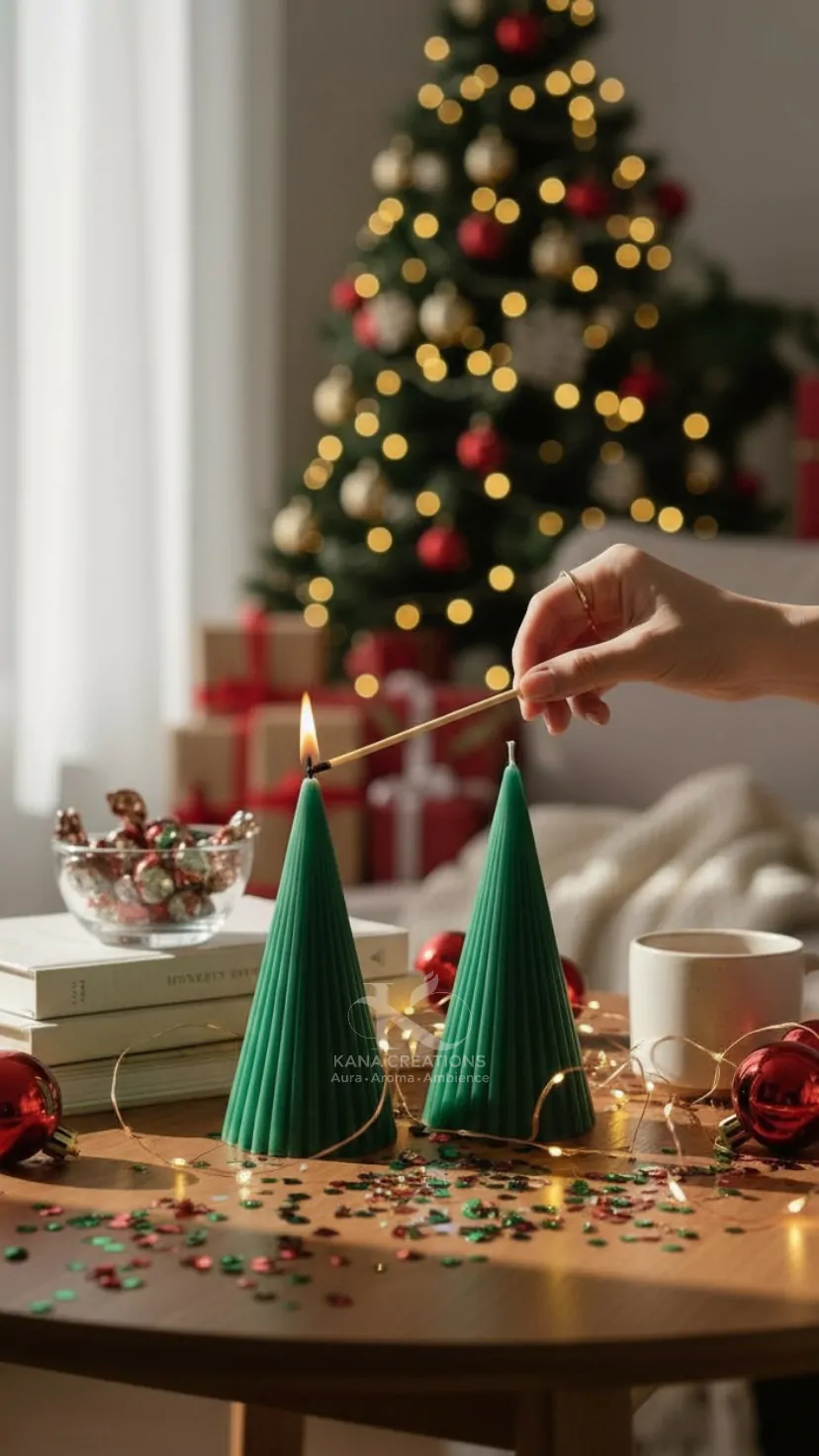 Christmas_Ribbed Stripped Cone green Pillar candles