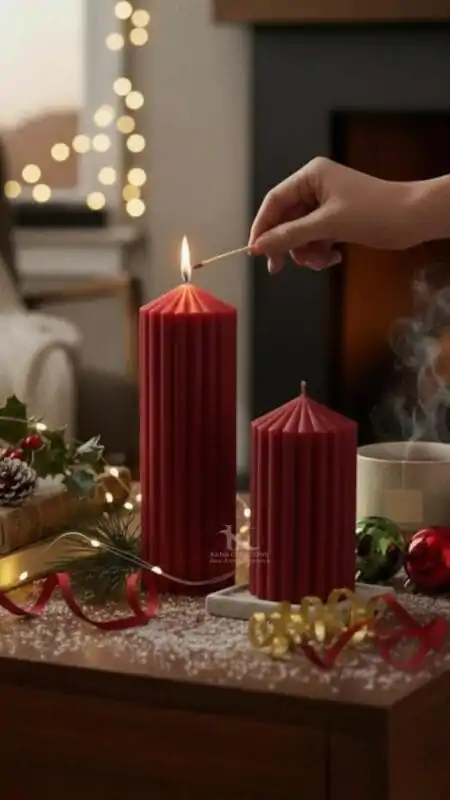Christmas_Ribbed Stripped Red color Pillar candle