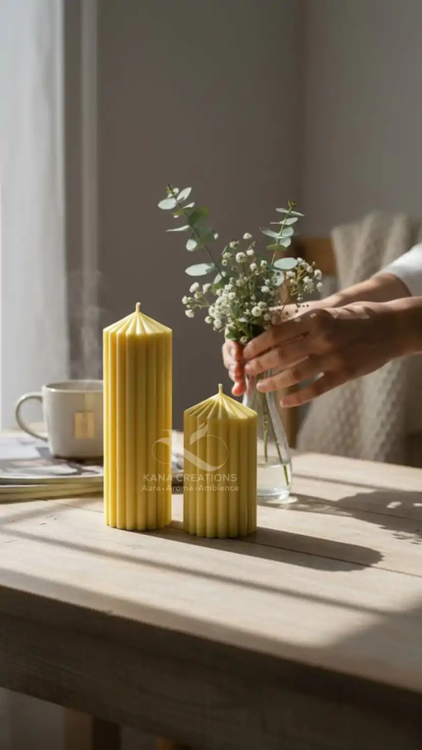 Christmas Gifts_Pastel Yellow Stripped pillar Soy scented Candles_Kana Creations.JPG